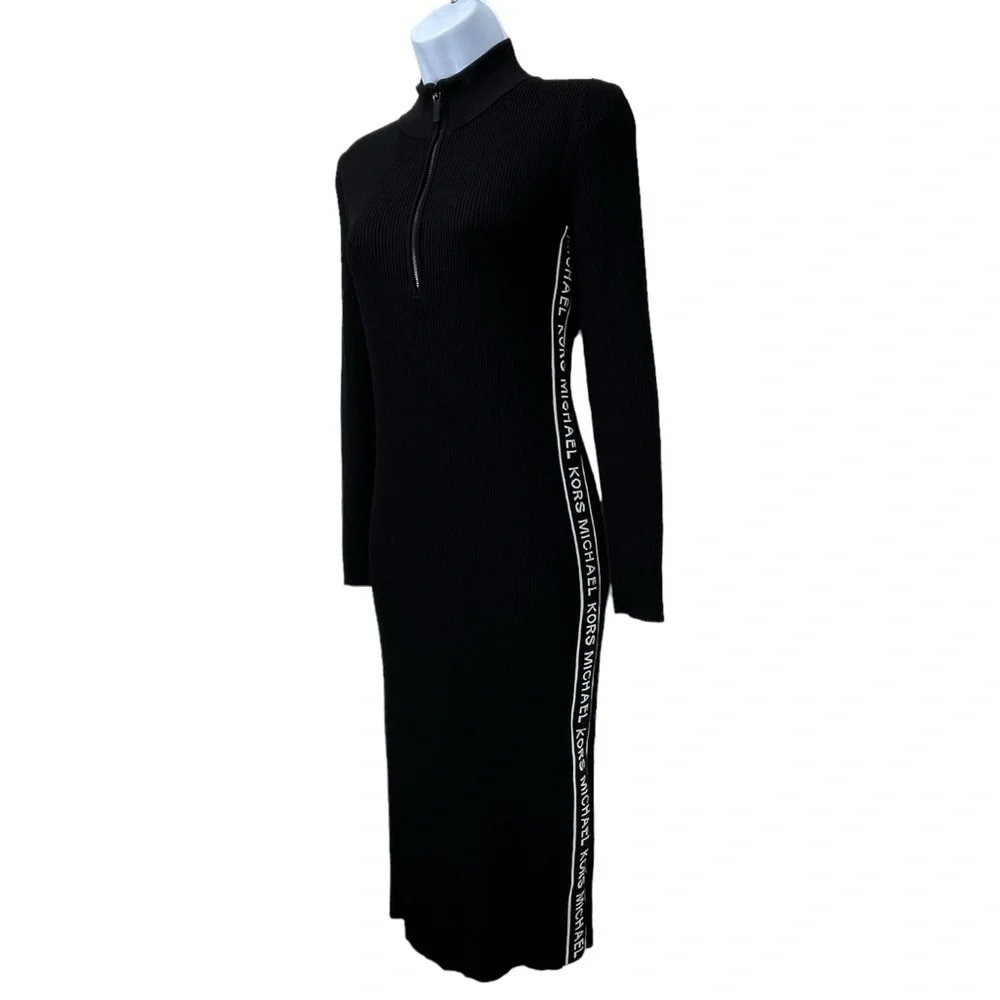 Michael Kors Black Ribbed Knit Logo Tape Zip Front Midi Dress‎ Women’s Medium